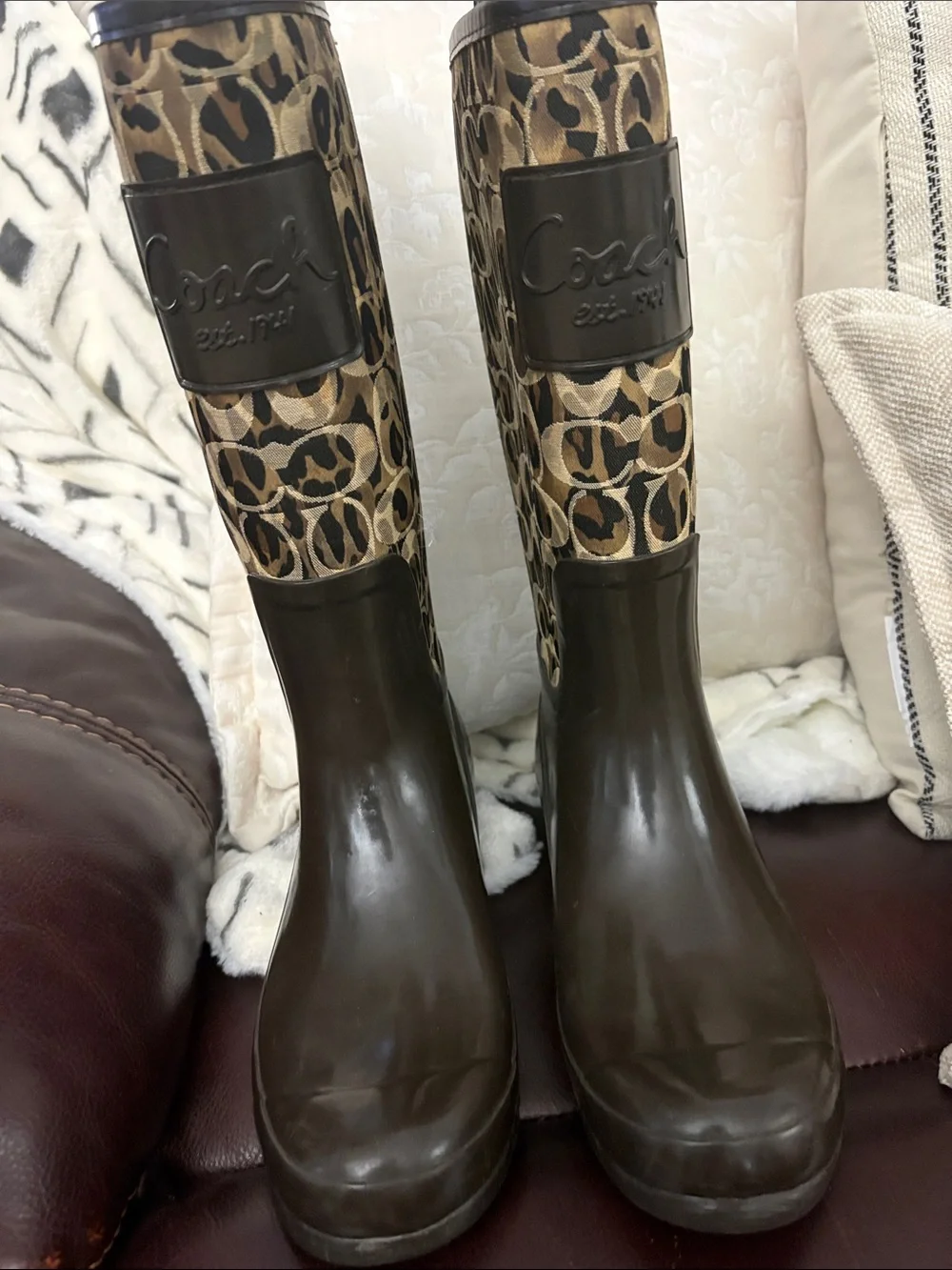 Coach Brown Signature Pattern Tall Rain Boots